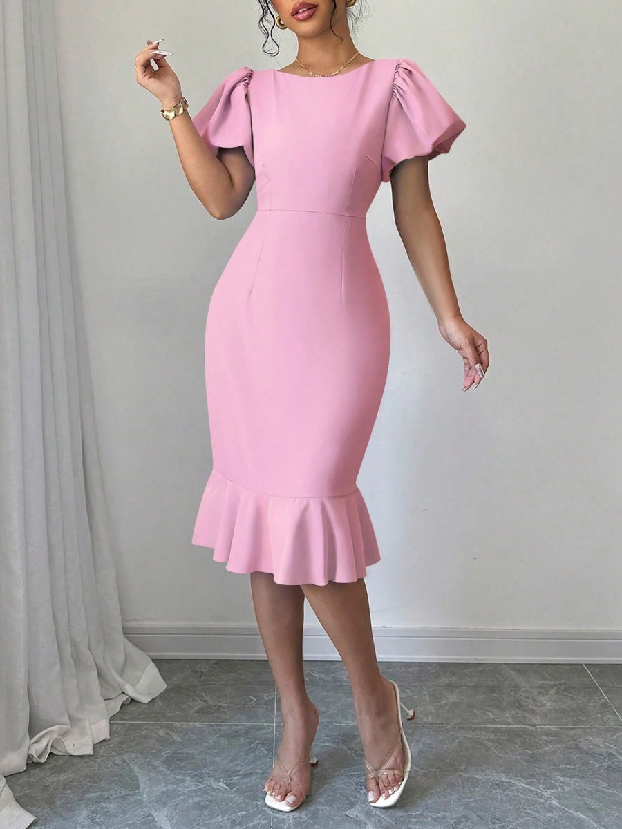 Round Neck Lantern Sleeve Ruffled Fishtail Midi Dress