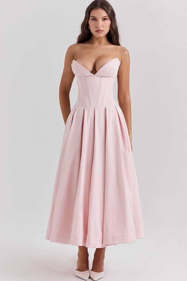 Strapless Plunging V-Neck Corset Bodice Box Pleat A-Line Midi Dress