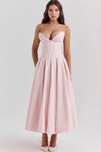 Strapless Plunging V-Neck Corset Bodice Box Pleat A-Line Midi Dress