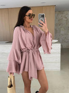 V-neck, Irregular Tie-waist, Long-sleeved, Loose-fitting Short Dress