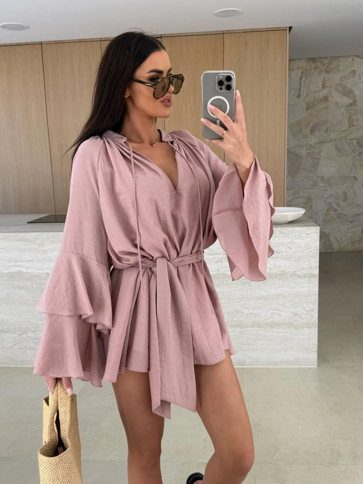 V-neck, Irregular Tie-waist, Long-sleeved, Loose-fitting Short Dress