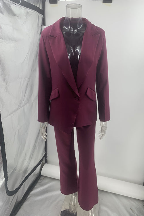 One Button Pocketed Blazer and Straight Leg Pants Power Suit Set