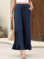 Women's Cropped Trousers With Ruffles, Thin, Loose-fitting, Casual Style
