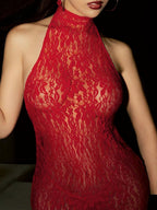 Black Lace Halter-neck Mini Dress With Exposed Hips