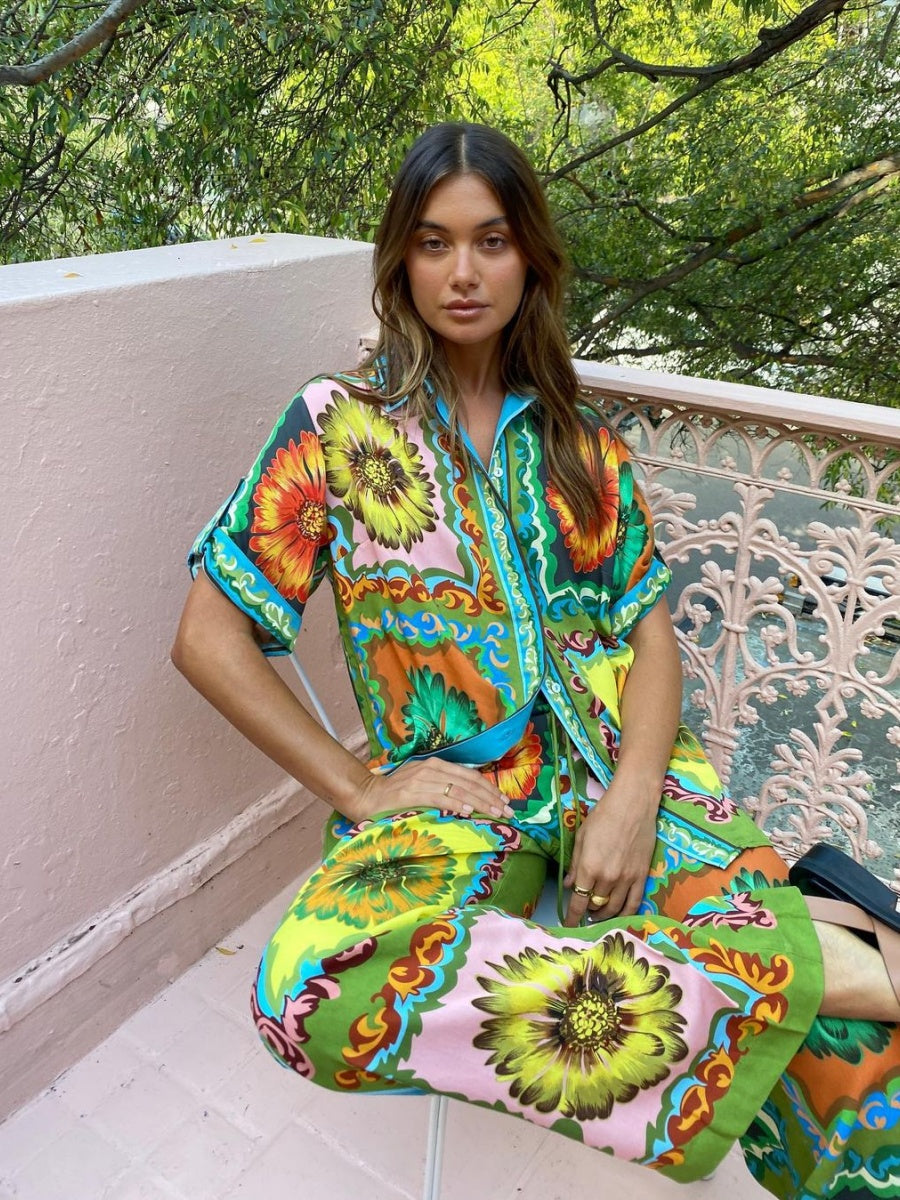 Printed Vacation Long-sleeved Shirt Pants Wide Leg Set 2-piece Sets