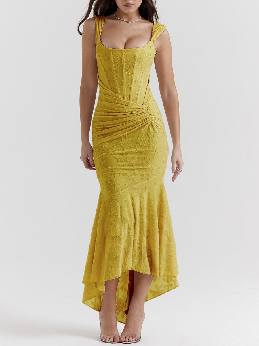 Sleeveless Solid Color Off-shoulder Sleeveless Fishbone Waist Dress