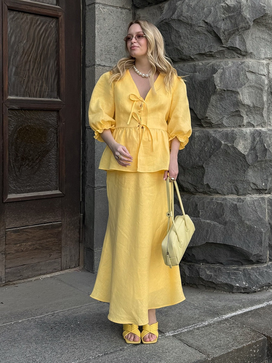 Pure Cotton Loose-fit V-neck Strappy Top Midi Skirt Set 2-piece Sets