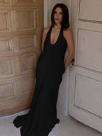 Loose-fitting, Backless, Sleeveless, V-neck, Pleated Halter-neck Mesh Long Dress