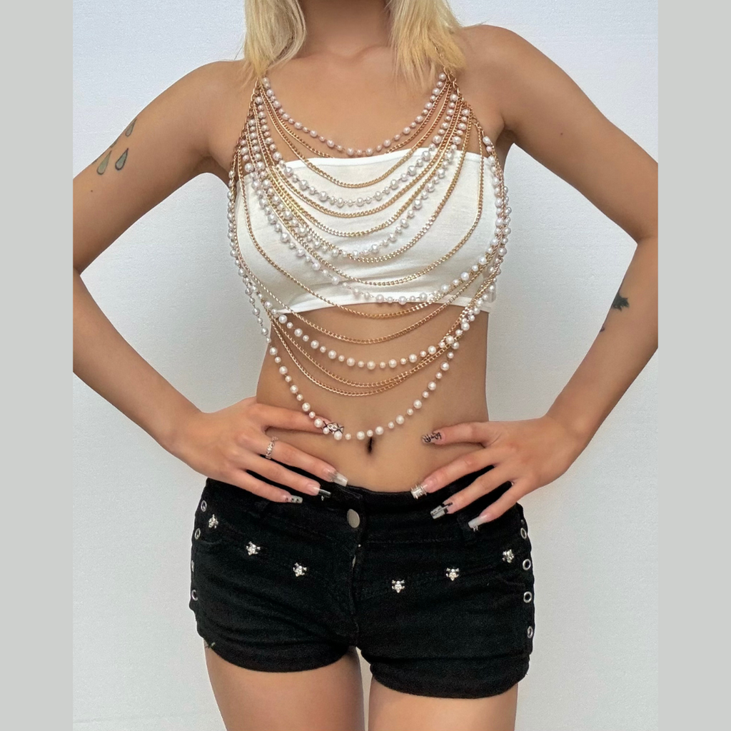 Halter metal chain beaded hollow out cut out top  | Festival Outfits Women