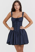 Lace Trim Corset Bustier Basque Waist Flared Mini Dress