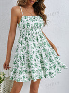 Floral Ruffled Halter Top, Sleeveless, Fitted Waist Mini&Short Dresses