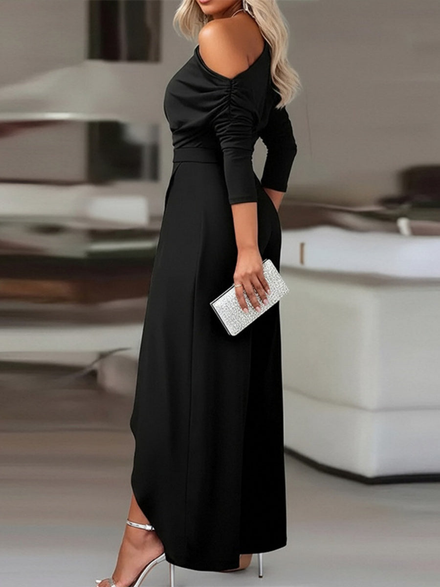Sloping Shoulders Asymmetrical High Waist Slit Jumpsuits