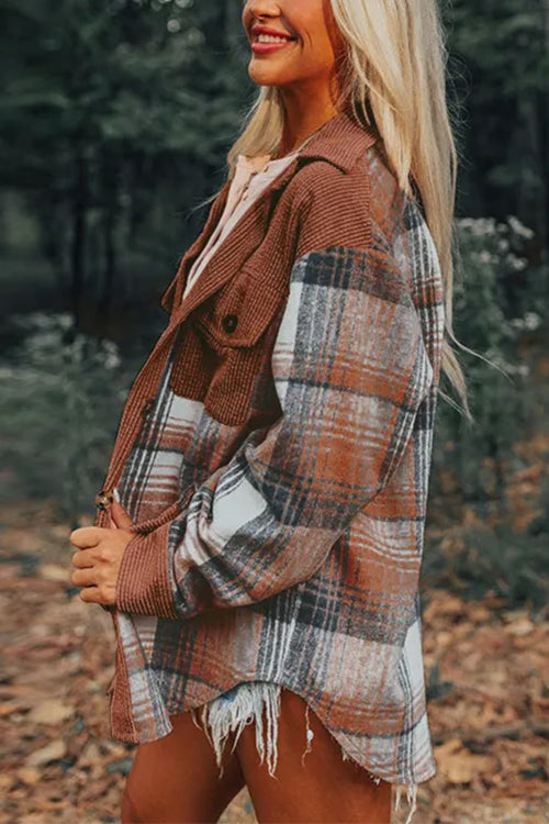Button Up Corduroy Splice Plaid Shacket