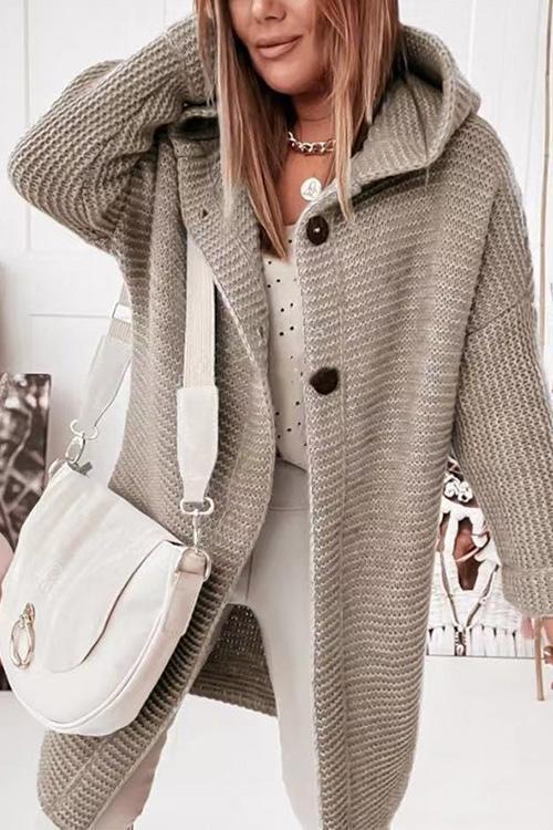 Solid Drop Shoulder Hoodied Knitting Cardigan