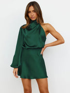 Satin One-shoulder Long-sleeved Round Neck Short Dress