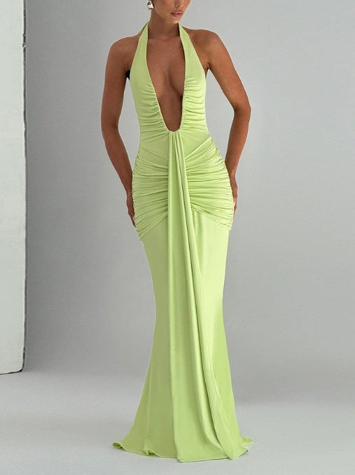 Halter Neck Deep V-neck Fitted Waist Long Dress Sexy Backless Ribbon Fishtail Long Dress