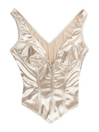 Champagne-colored Satin Belted V-neck Tank Top