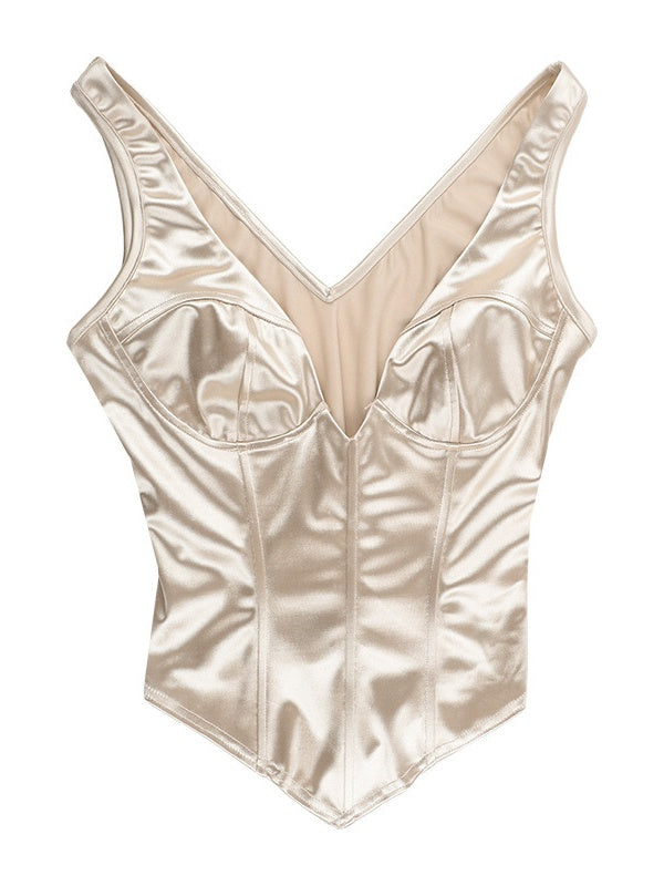 Champagne-colored Satin Belted V-neck Tank Top