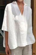 Lapel V Neck Half Sleeve Solid Cotton Linen Shirt