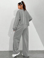 Sports And Leisure Solid Color Crew Neck Zipper 2-piece Sets