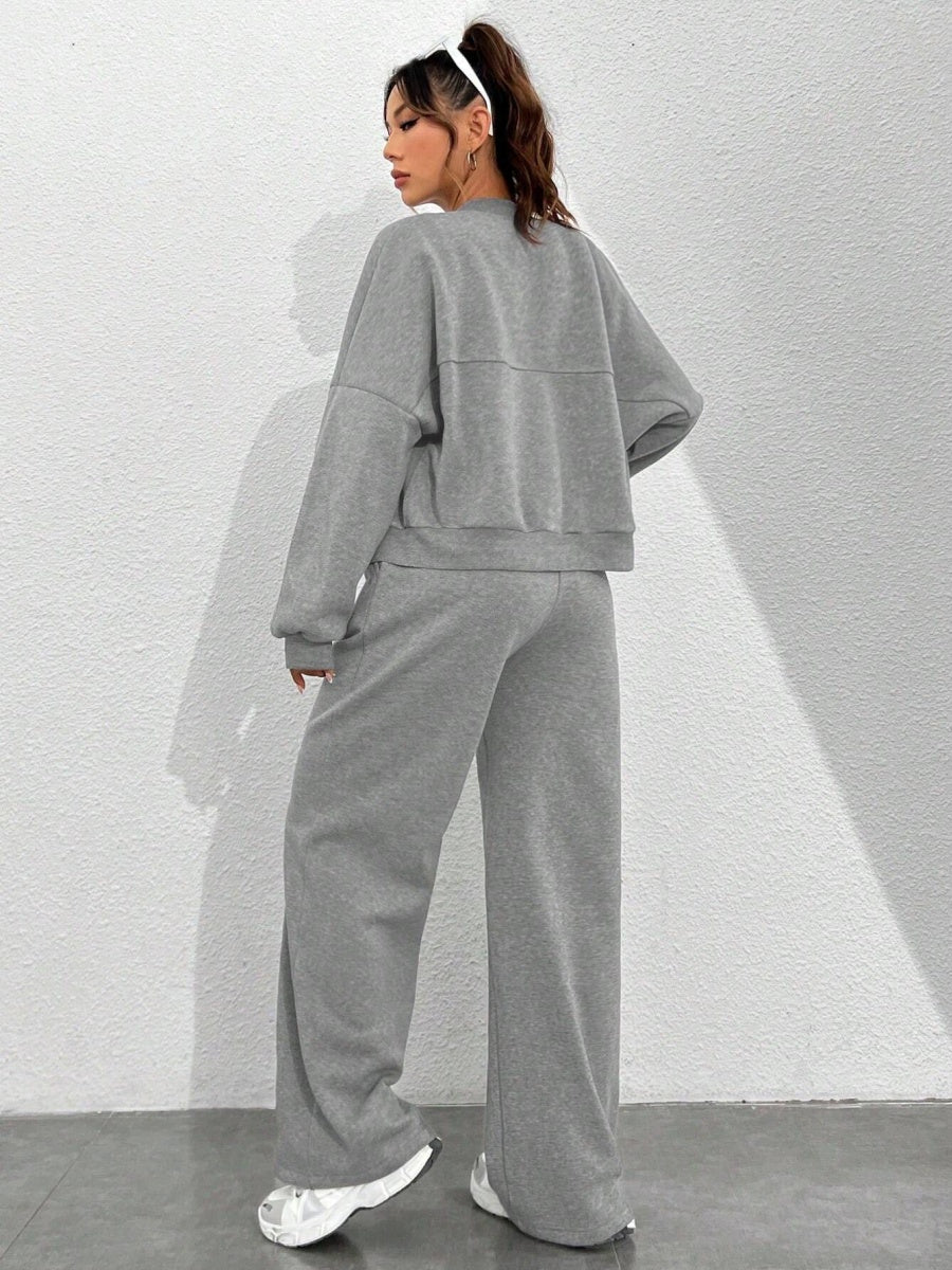 Sports And Leisure Solid Color Crew Neck Zipper 2-piece Sets