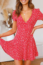 V Neck Short Sleeve Printed Mini Swing Dress