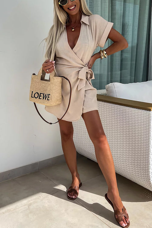 Wrap V Neck Tie Knot Shorts Romper