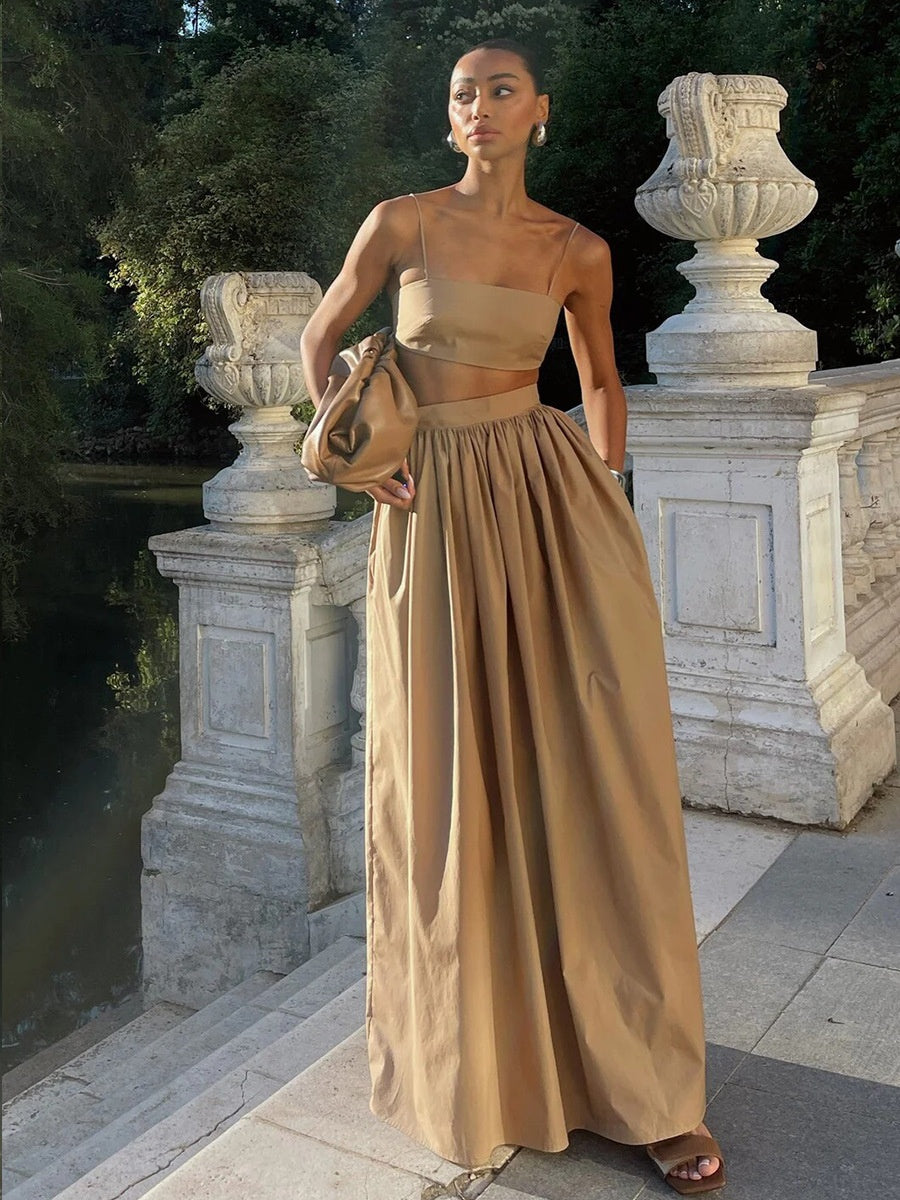 Pure Cotton Strapless Bra Jacket High-waisted Long Skirt Vacation Package 2-piece Sets