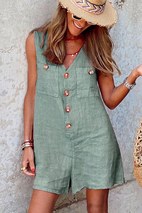 V Neck Buttons Wide Leg Tank Romper