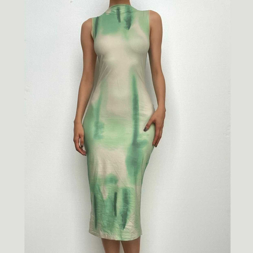 Tie dye sleeveless contrast crewneck midi dress