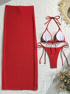 Solid Color Mesh Long Dress Starfish Swimsuit Bikini Three-piece Set