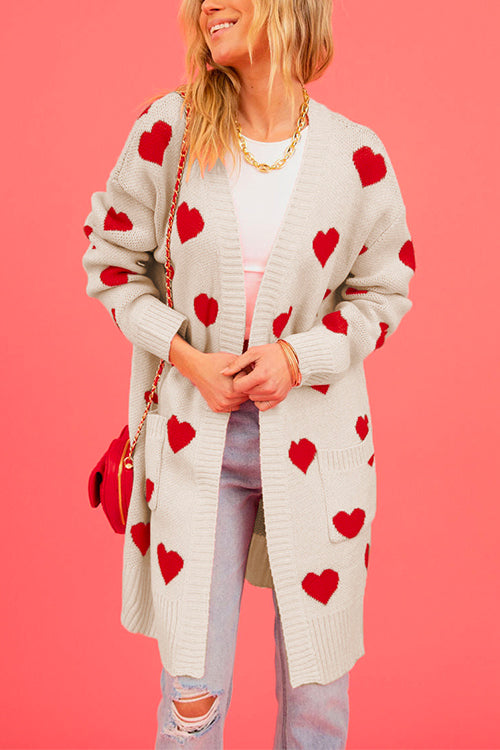 Open Front Pocketed Valentines Date Heart Print Cardigan