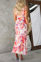 V Neck Frill Trim Sleeveless Floral Print Maxi Dress