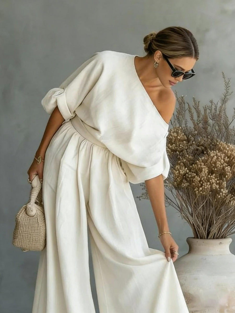 Loose-fit Off-shoulder Jacket Wide-leg Pants Set 2-piece Sets