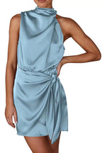 Mockneck Sleeveless Tie Waist Wrap Mini Dress
