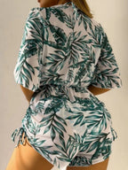 Leaf Print Waist-cinching Tie Long-sleeved Sun Protection Bikini Three-Piece Set