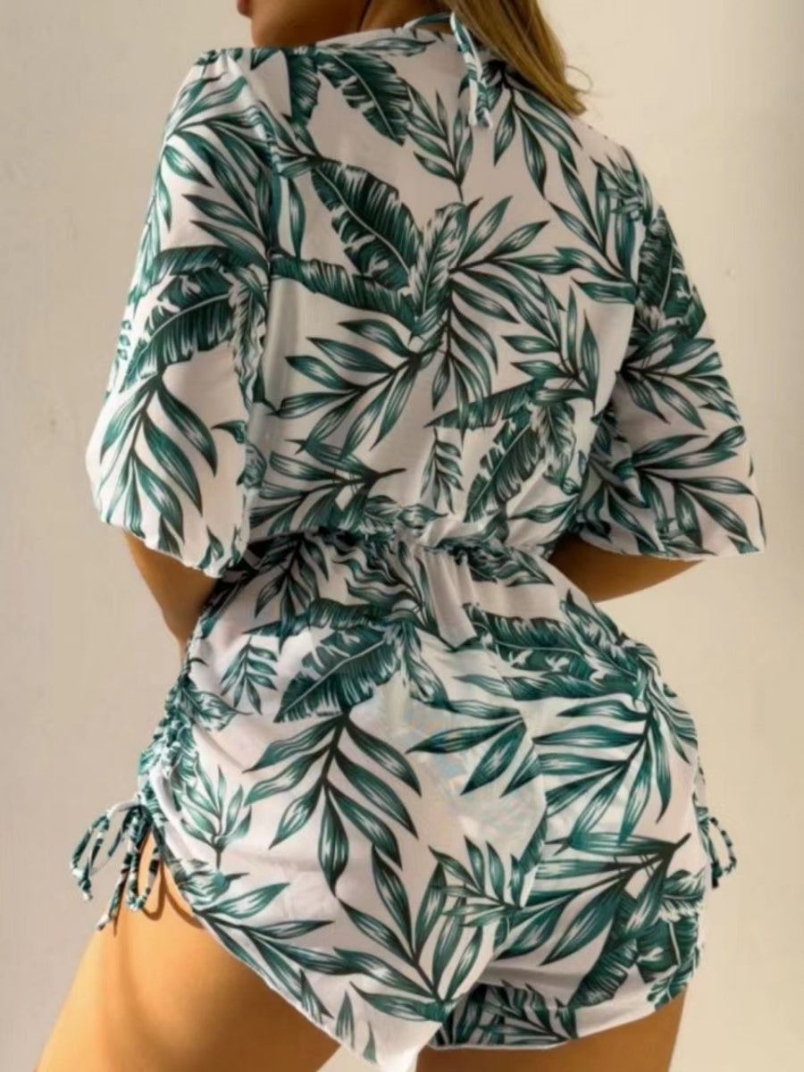 Leaf Print Waist-cinching Tie Long-sleeved Sun Protection Bikini Three-Piece Set