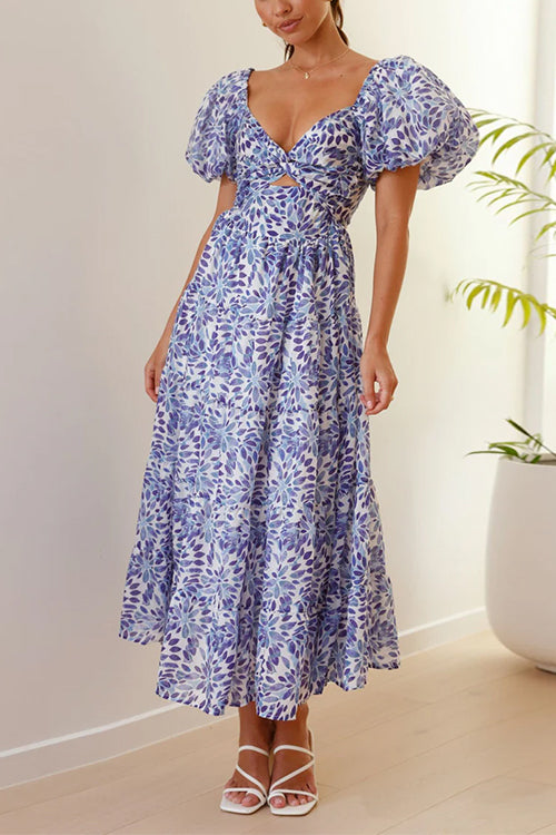 V Neck Twist Front Cut Out Waisted Floral Maxi Ruffle Dress