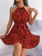 Halter Ruffle Leopard Print Mini&Short Dresses
