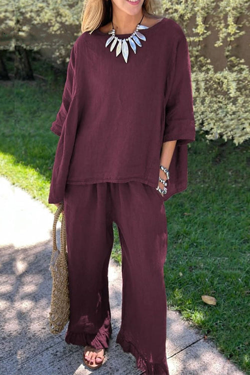 Cotton Linen 3/4 Sleeves Pullover Top Wide Leg Ruffle Hem Pants Set