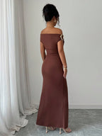 Off-shoulder Off Shoulder Pleated Metal Buckle Maxi Dresses