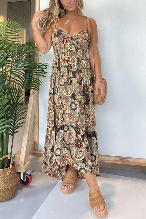 V Neck Back Lace-up Slit Floral Print Maxi Cami Dress