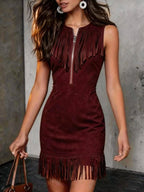 Suede West Sleeveless Zipper Mini&Short Dresses
