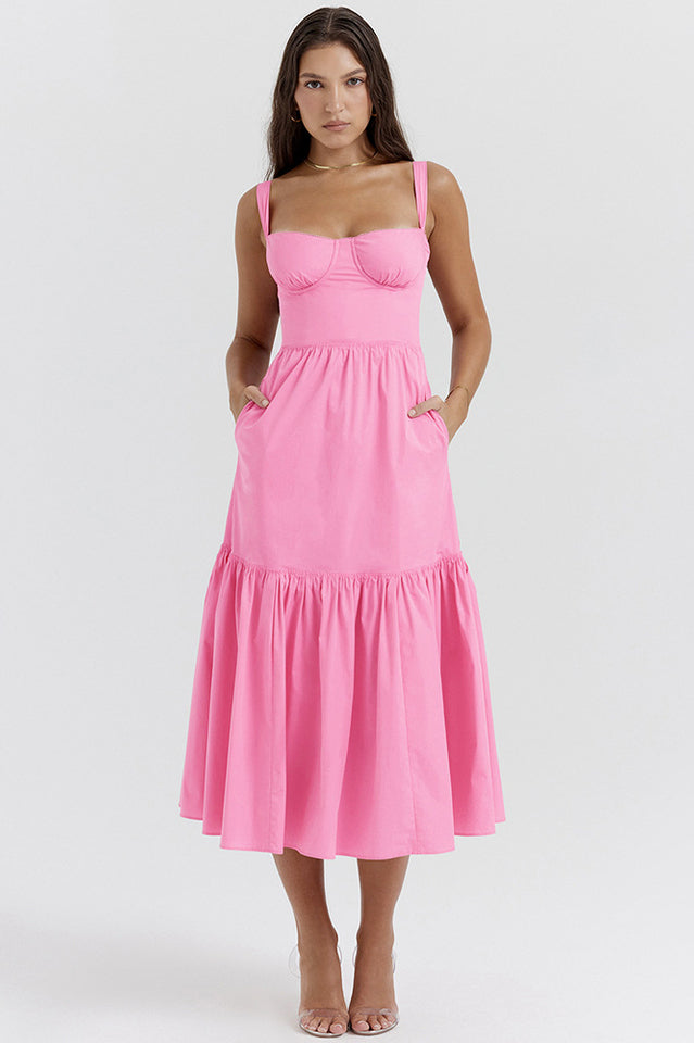Sweetheart Bustier Wide Strap Floral Tiered Ruffle Midi Dress