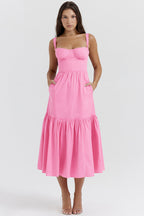 Sweetheart Bustier Wide Strap Floral Tiered Ruffle Midi Dress