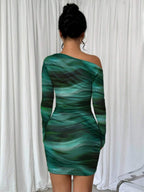 Pleated Slim-fit Hip-hugging Slant Collar Printed Mini&Short Dresses