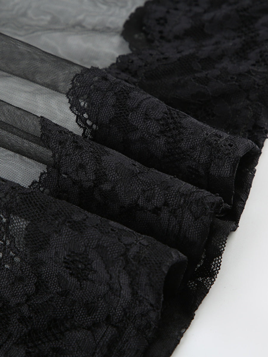 Sheer And Sexy Patchwork Mesh Lace Trim Suspender Long Dress