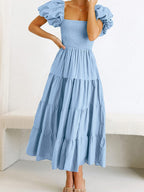 Square Neck, Backless, Puff Sleeve, Pleated Short-sleeved Long Dress