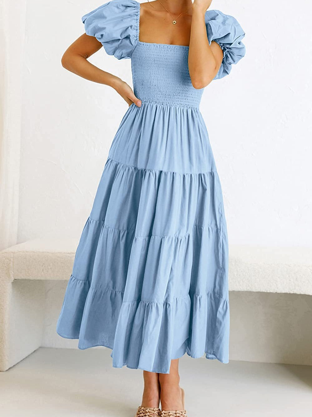 Square Neck, Backless, Puff Sleeve, Pleated Short-sleeved Long Dress
