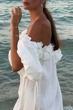 Off Shoulder Ruffle Trim Slit Cotton Linen Maxi Vacation Dress